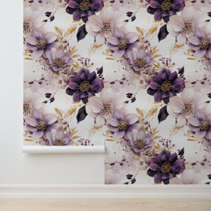 Paarse bloemen en gouden bladeren schillen en plak behang