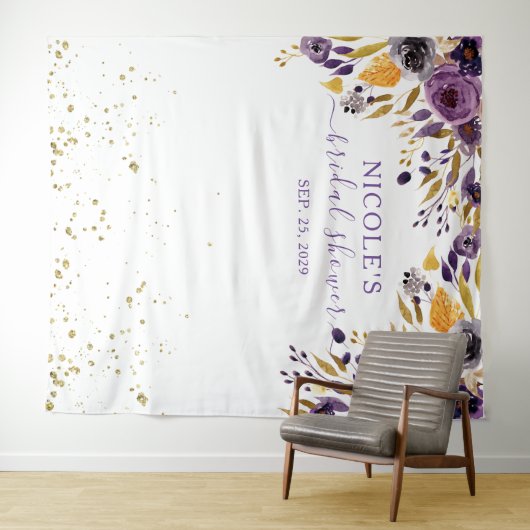 Paarse Bloemen en Gouden Bruidsdouche Achterwand Wandkleed (In Situ (horizontaal))