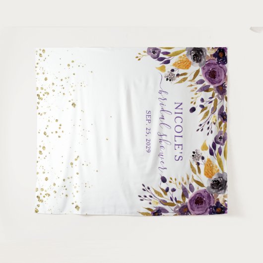 Paarse Bloemen en Gouden Bruidsdouche Achterwand Wandkleed (Voorkant (horizontaal))