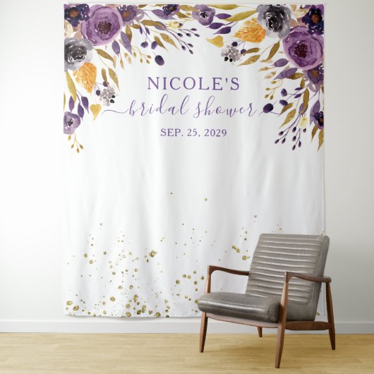 Paarse Bloemen en Gouden Bruidsdouche Achterwand Wandkleed (In situ)