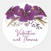 Paarse bloemen en gouden glitter ronde sticker (Voorkant)