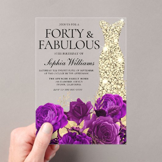 Paarse bloemen en gouden jurk 40e verjaardagsfeest acryl uitnodigingen (Insitu (Draagbaar))