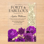 Paarse bloemen en gouden jurk 40e verjaardagsfeest acryl uitnodigingen (Voorkant)