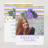 Paarse bloemen en gouden strepen Elegant Afstudere Kaart (Voorkant / Achterkant)
