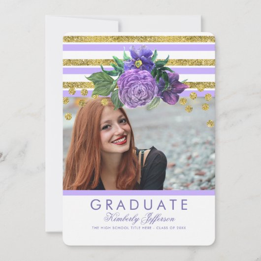 Paarse bloemen en gouden strepen Elegant Afstudere Kaart (Voorkant)