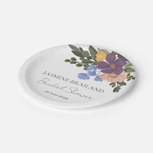 Paarse Bloemen en Groen Boeket Vrijgezellenfeest Papieren Bordje (Gekanteld)