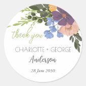 Paarse Bloemen en Groen Bruiloft Dank u Ronde Sticker (Voorkant)