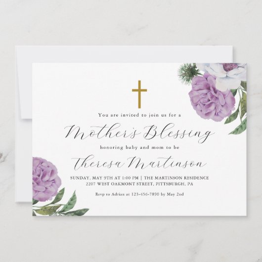  Paarse Bloemen en Kruis Moederzegening Kaart (Voorkant)