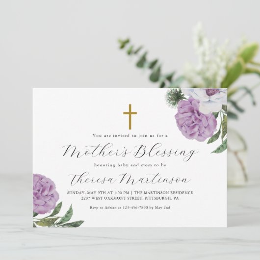  Paarse Bloemen en Kruis Moederzegening Kaart (Staand voorkant)