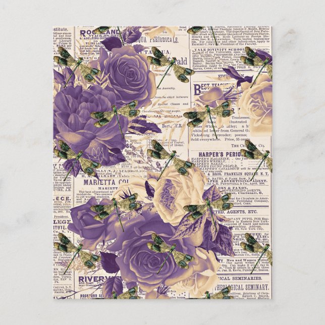 Paarse bloemen en libellen op krantenpapier (Voorkant)