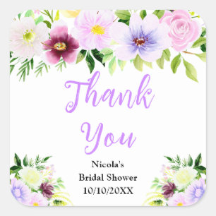 Paarse Bloemen en Loof Bruiloft Thank You Vierkante Sticker