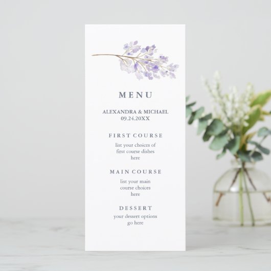 Paarse bloemen en tak Waterverf bruiloft Menu (Staand voorkant)