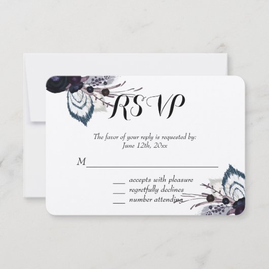 Paarse bloemen en veren RSVP (Voorkant)
