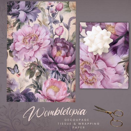  paarse bloemen en vlinders decoupage tissuepapier