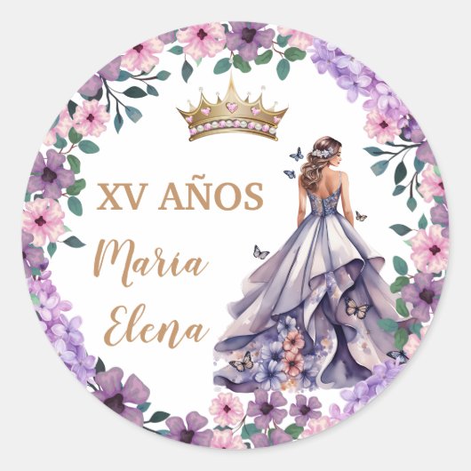Paarse Bloemen en Vlinders: Quinceañera Ronde Sticker (Voorkant)