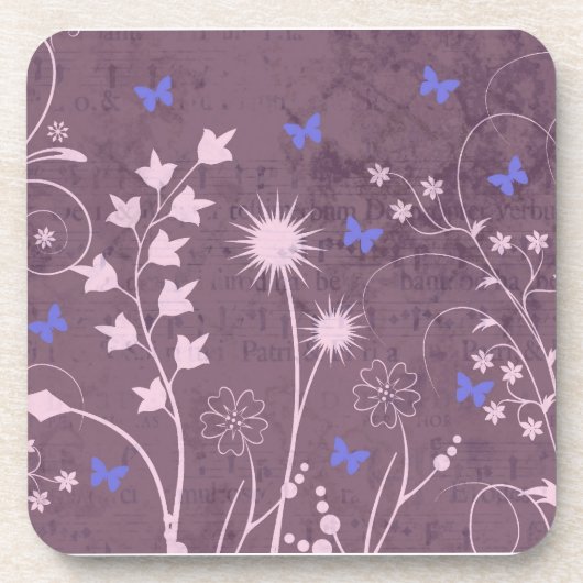Paarse bloemen en vlinderset van 6 Onderzetters (Voorkant)