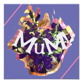 Paarse bloemen en vogel foto afdruk