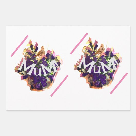 Paarse bloemen en vogel inpakpapier vel (Voorkant 3)