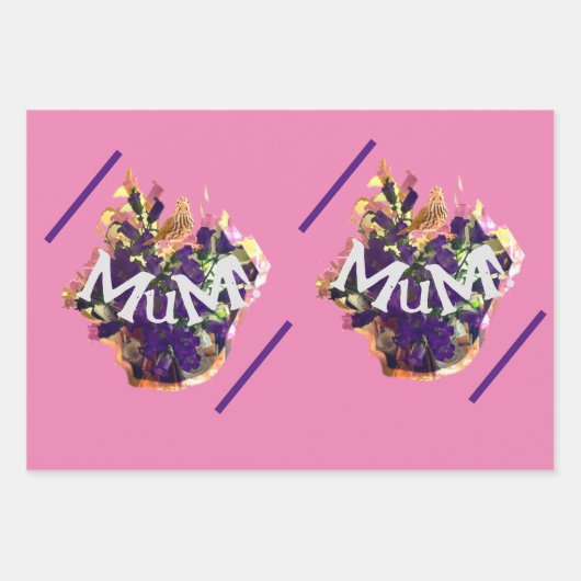 Paarse bloemen en vogel inpakpapier vel (Voorkant 2)