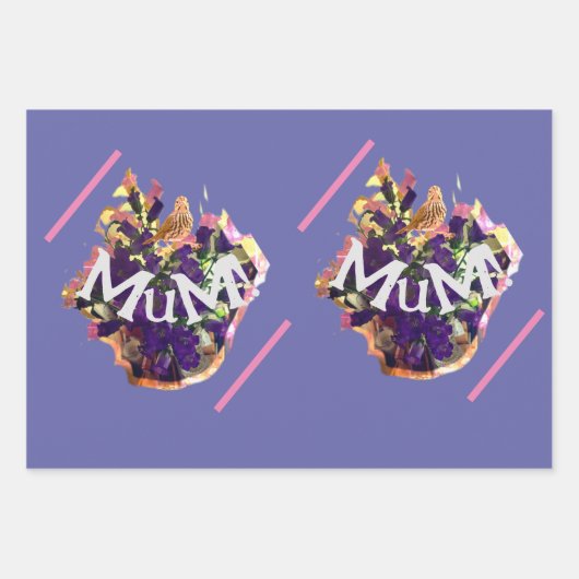 Paarse bloemen en vogel inpakpapier vel (Voorkant)