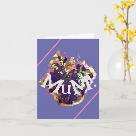 Paarse bloemen en vogel kaart (Gele Bloem)