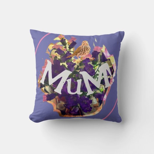 Paarse bloemen en vogel kussen (Voorkant)