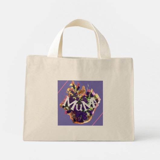 Paarse bloemen en vogel mini tote bag (Achterkant)