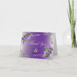 Paarse bloemen en zilveren glitter - Dank u Bedankkaart