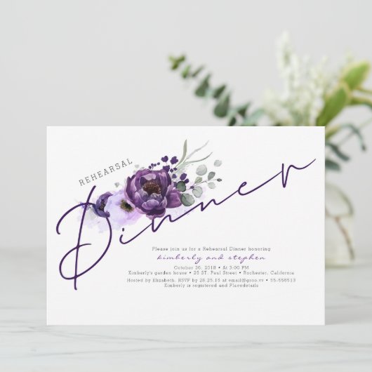 Paarse bloemen en zilveren glitter repetitie diner kaart (Staand voorkant)
