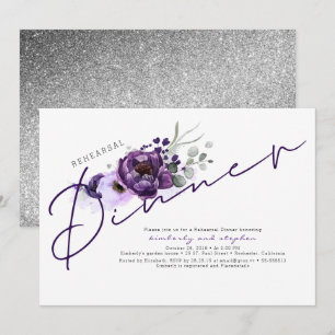 Paarse bloemen en zilveren glitter repetitie diner kaart