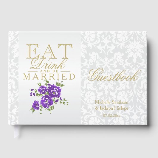 Paarse bloemen eten, Drinken en trouwen gastenboek (Voorkant)