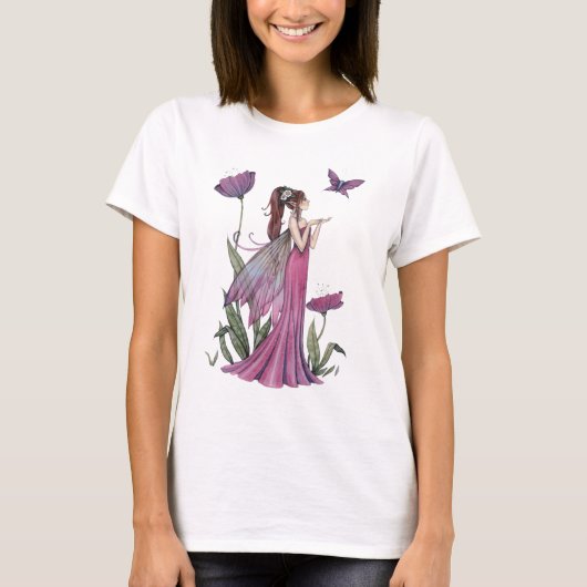 Paarse bloemen fee en vlinder fantasie kunst t-shirt (Voorkant)