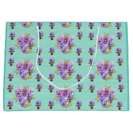 Paarse bloemen floral Aqua Stripe Gift Bag Groot Cadeauzakje