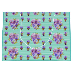 Paarse bloemen floral Aqua Stripe Gift Bag Groot Cadeauzakje