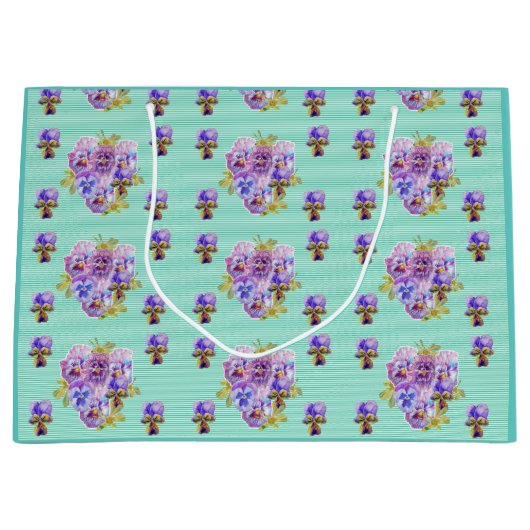 Paarse bloemen floral Aqua Stripe Gift Bag Groot Cadeauzakje (Voorkant)