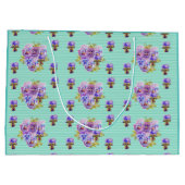 Paarse bloemen floral Aqua Stripe Gift Bag Groot Cadeauzakje (Achterkant)