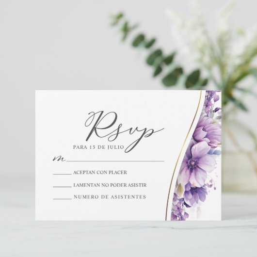 Paarse Bloemen Foliage Nuestra Boda Huwelijk RSVP Kaart (Staand voorkant)