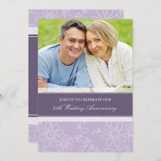 Paarse Bloemen Foto 25e Verjaardagsuitnodiging Kaart (Voorkant / Achterkant)