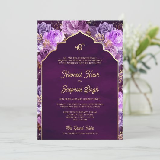 Paarse Bloemen Foto Anand Karaj Sikh Bruiloft Kaart (Staand voorkant)
