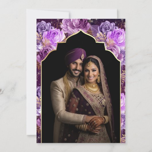 Paarse Bloemen Foto Anand Karaj Sikh Bruiloft Kaart (Achterkant)