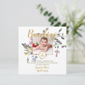 Paarse Bloemen FOTO Bautizo Invitacion Spaans Kaart (Staand voorkant)