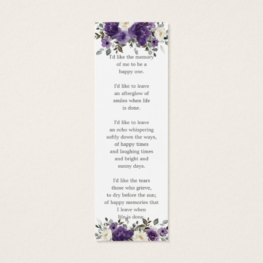 Paarse Bloemen Foto Begrafenis Memorial Bladwijzer Mini Visitekaartjes (Achterkant)