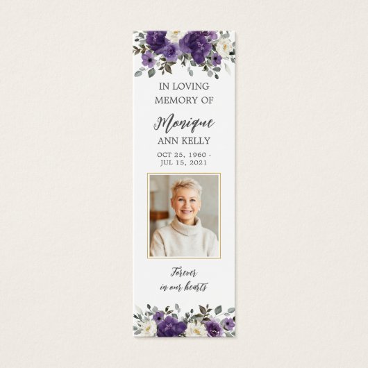 Paarse Bloemen Foto Begrafenis Memorial Bladwijzer Mini Visitekaartjes (Voorkant)