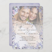 Paarse bloemen foto bruiloft uitnodiging (Voorkant / Achterkant)