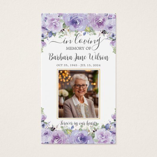 Paarse Bloemen Foto Herdenking Memoriam Boeklegger Visitekaartje (Voorkant)