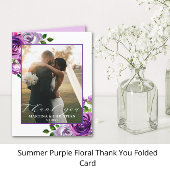 Paarse Bloemen Foto Huwelijk Gevouwen Bedankkaart