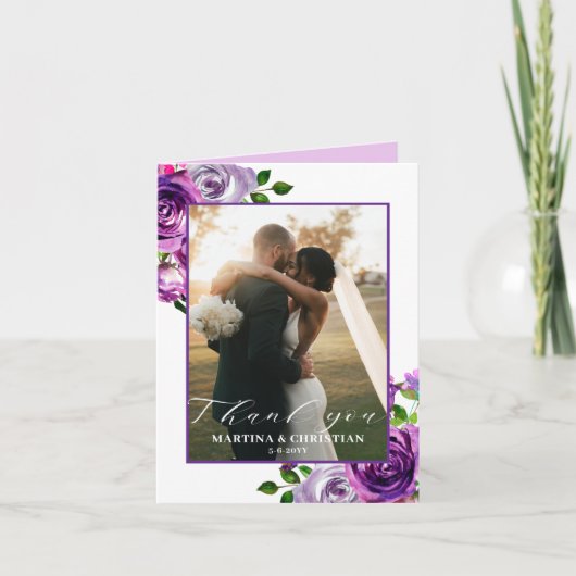 Paarse Bloemen Foto Huwelijk Gevouwen Bedankkaart (Voorkant)