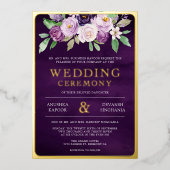 Paarse Bloemen Foto Indiase bruiloft goud Folie Uitnodiging (Voorkant)