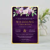 Paarse Bloemen Foto Indiase bruiloft goud Folie Uitnodiging (Staand Voorkant)