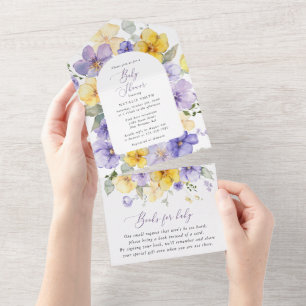 Paarse bloemen, Gele bloemen, Boho, Baby shower All In One Uitnodiging
